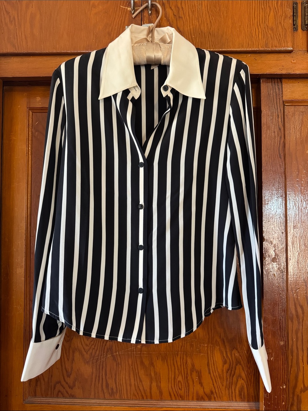 Moda International Black and White Vertical Stripe Button-Up Blouse